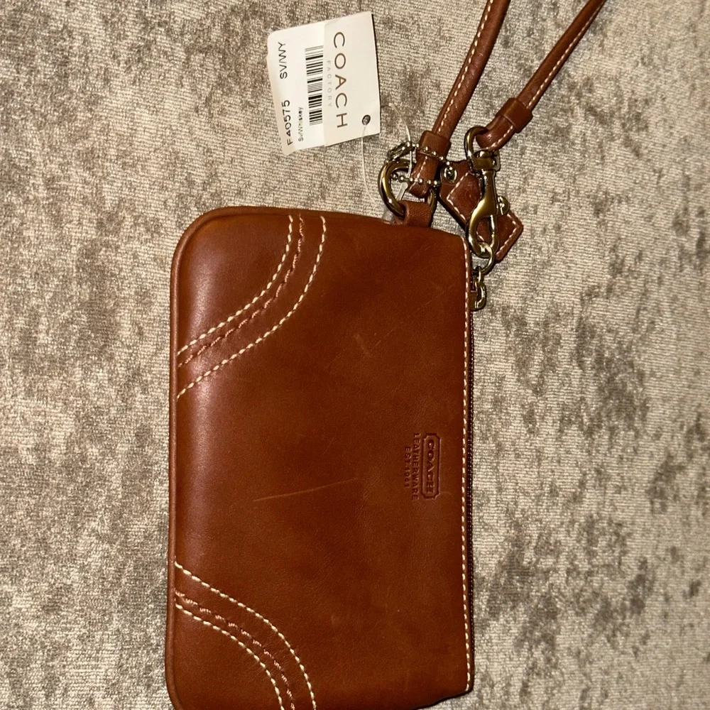 Coach Brown Leather Wristlet with Contrast Stitching